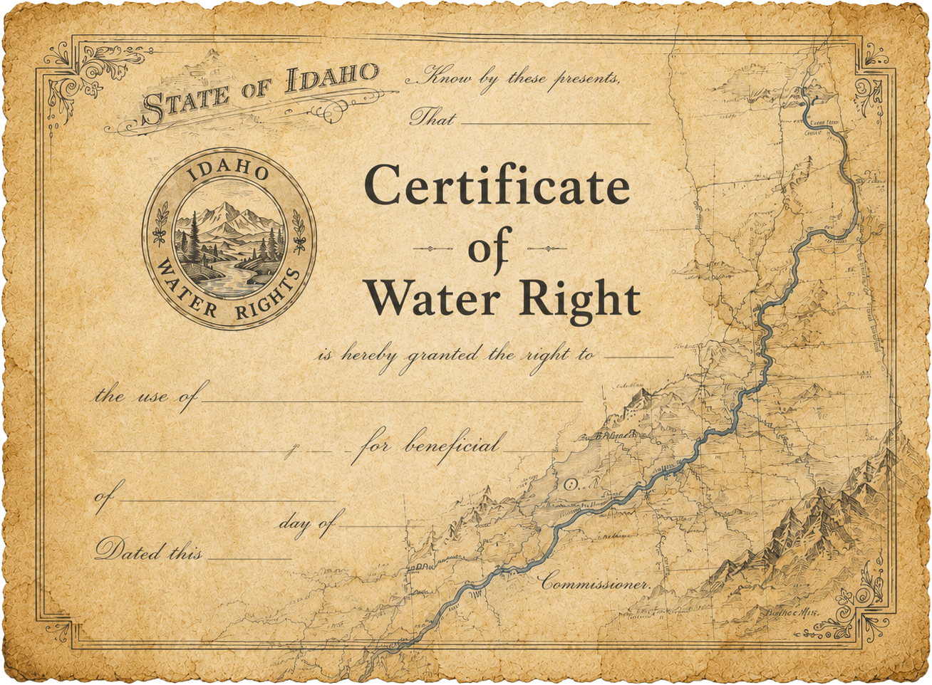 Vintage certificate of water right over an antique map