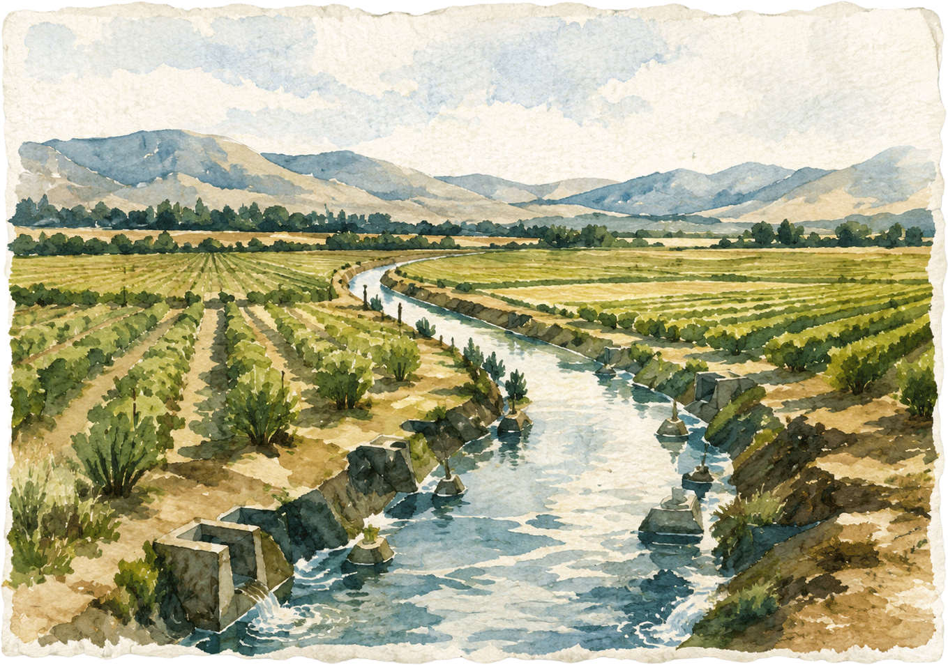 Watercolor river winding through irrigated farm fields