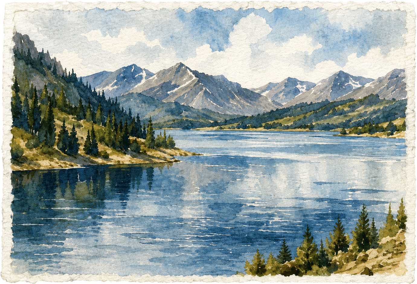 Watercolor mountain lake under snow-capped peaks